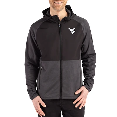 Men's Cutter & Buck Heather Black West Virginia Mountaineers Peshastin Eco Fleece Recycled Raglan Full-Zip Tri-Blend Hybrid Jacket