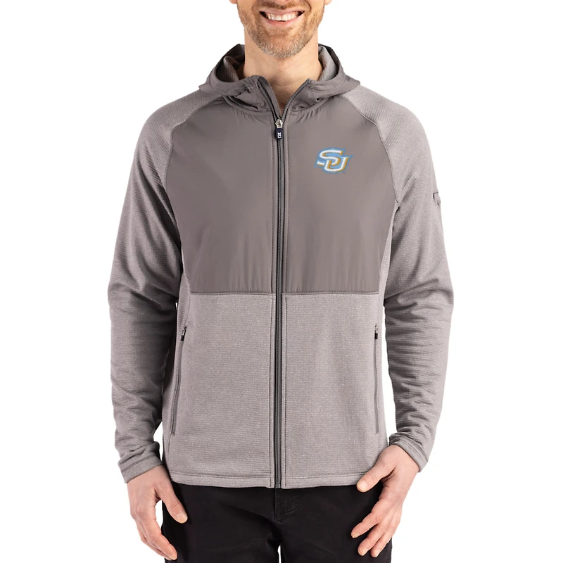 Men's Cutter & Buck Heather Gray Southern University Jaguars Peshastin Eco Fleece Recycled Raglan Full-Zip Tri-Blend Hybrid Jacket