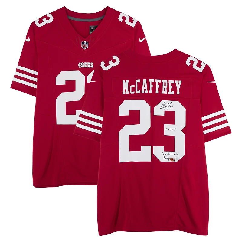 Christian McCaffrey San Francisco 49ers Autographed Scarlet Nike Vapor F.U.S.E. Limited Jersey with "23 OPOY" & "Faithful to the Bay" Inscriptions - Limited Edition of 25
