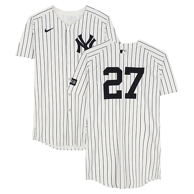 Giancarlo Stanton New York Yankees Player-Worn #27 White Pinstripe Nike Jersey vs. Athletics on June 29, 2025