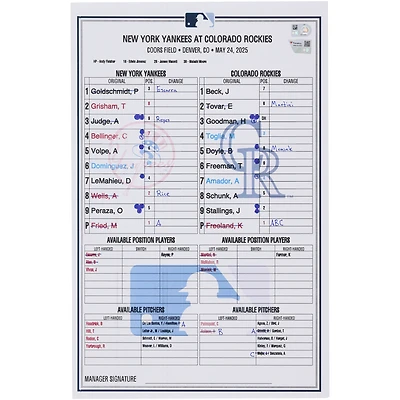 New York Yankees Game-Used Lineup Card vs. Colorado Rockies on May 24, 2025