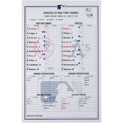 New York Yankees Game-Used Lineup Card vs. Athletics on June 27, 2025
