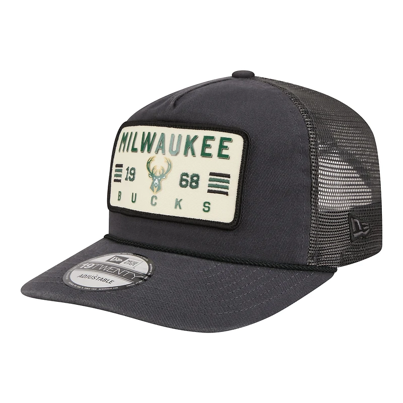 Men's New Era  Charcoal Milwaukee Bucks Washed Patch 19TWENTY Adjustable Trucker Hat