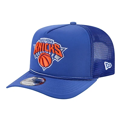 Men's New Era Blue New York Knicks Faded Foam Front 9FIFTY A-Frame Adjustable Trucker Hat