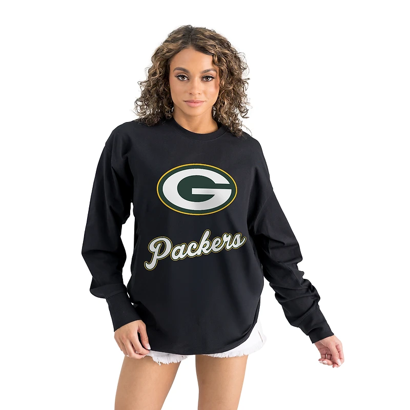 Women's Gameday Couture Black Green Bay Packers Oversized Long Sleeve T-Shirt