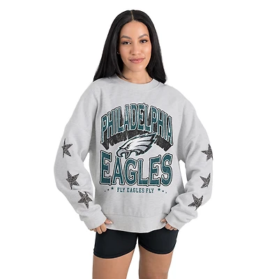 Women's Gameday Couture  Ash Philadelphia Eagles Resilience Relaxed Rhinestone Pullover Sweatshirt