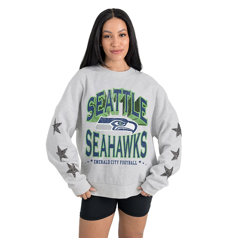 Women's Gameday Couture  Ash Seattle Seahawks Resilience Relaxed Rhinestone Pullover Sweatshirt