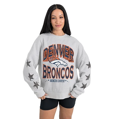 Women's Gameday Couture  Ash Denver Broncos Resilience Relaxed Rhinestone Pullover Sweatshirt