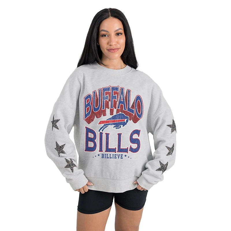 Women's Gameday Couture  Ash Buffalo Bills Resilience Relaxed Rhinestone Pullover Sweatshirt