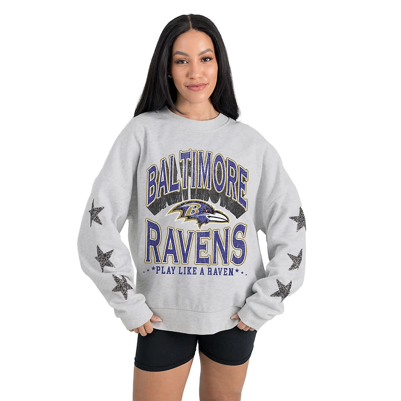 Women's Gameday Couture Ash Baltimore Ravens Resilience Relaxed Rhinestone Pullover Sweatshirt