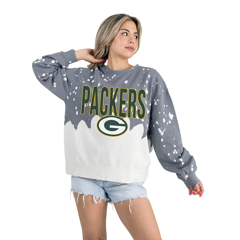 Women's Gameday Couture  Gray Green Bay Packers Oversized Faded Wash Tri-Blend Pullover Sweatshirt