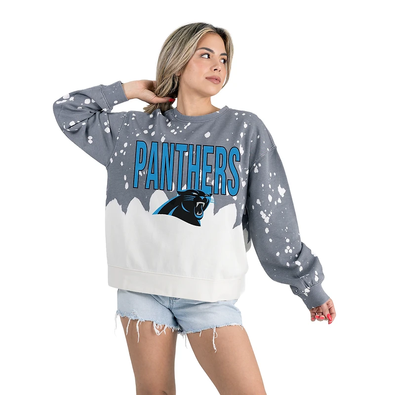 Women's Gameday Couture  Gray Carolina Panthers Oversized Faded Wash Tri-Blend Pullover Sweatshirt