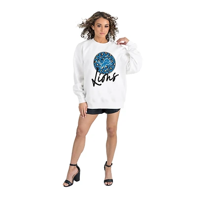 Women's Gameday Couture  White Detroit Lions Script Logo Oversized Premium Fleece Pullover Sweatshirt