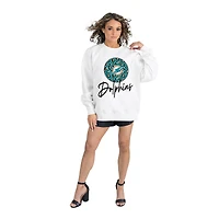 Women's Gameday Couture  White Miami Dolphins Script Logo Oversized Premium Fleece Pullover Sweatshirt
