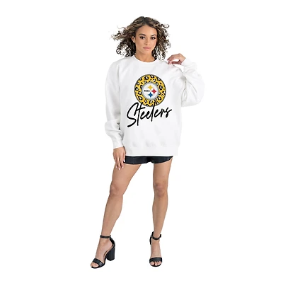 Women's Gameday Couture  White Pittsburgh Steelers Script Logo Oversized Premium Fleece Pullover Sweatshirt