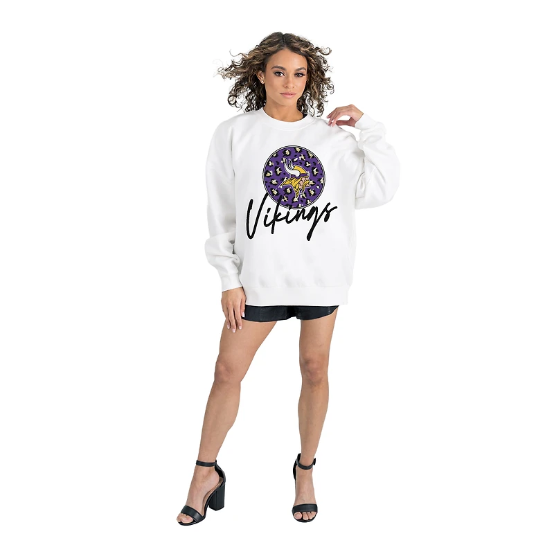 Women's Gameday Couture White Minnesota Vikings Script Logo Oversized Premium Fleece Pullover Sweatshirt