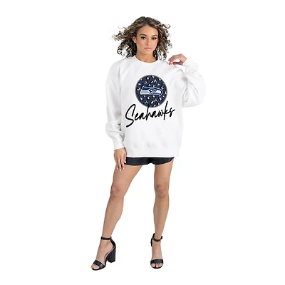 Women's Gameday Couture  White Seattle Seahawks Script Logo Oversized Premium Fleece Pullover Sweatshirt