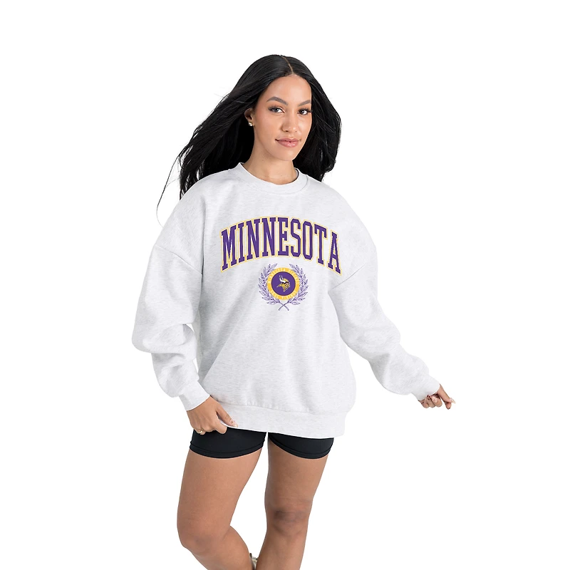 Women's Gameday Couture  Ash Minnesota Vikings Traditional Logo Oversized Premium Fleece Pullover Sweatshirt
