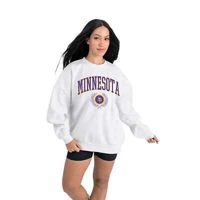 Women's Gameday Couture  Ash Minnesota Vikings Traditional Logo Oversized Premium Fleece Pullover Sweatshirt