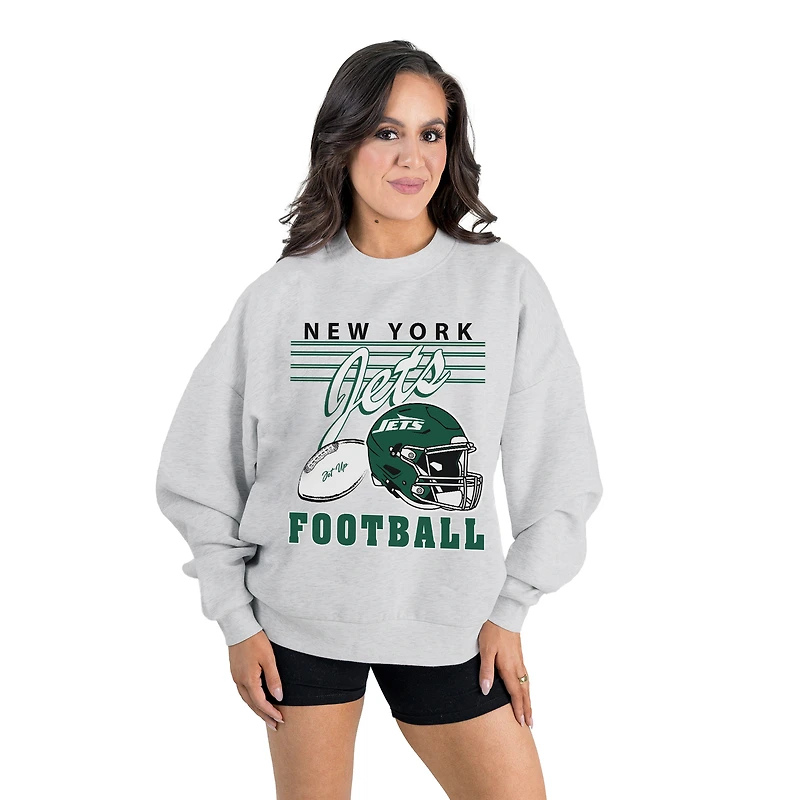Women's Gameday Couture Ash New York Jets Home Turf Oversized Premium Fleece Pullover Sweatshirt