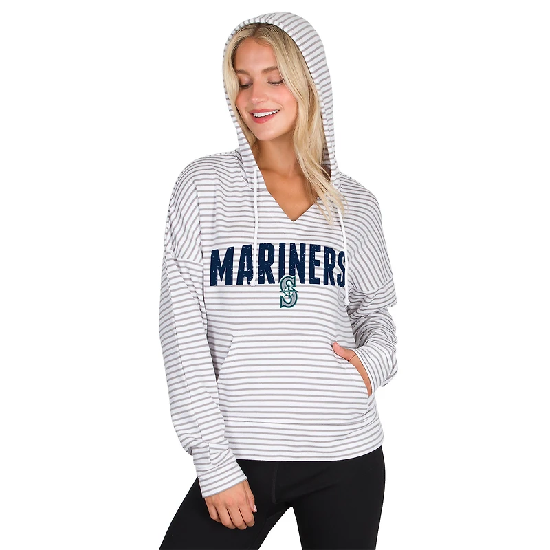 Women's Concepts Sport White/Gray Seattle Mariners Liftoff Striped V-Neck Hoodie