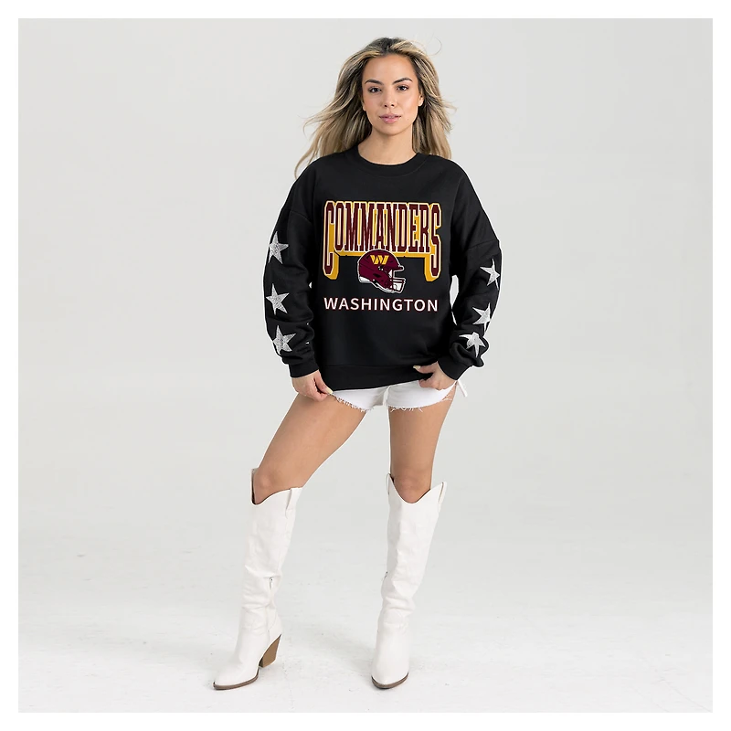 Women's Gameday Couture  Black Washington Commanders Pure Victory Rhinestud Star-Sleeve Pullover Sweatshirt
