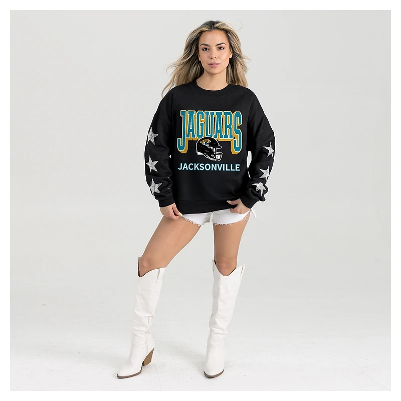Women's Gameday Couture  Black Jacksonville Jaguars Pure Victory Rhinestud Star-Sleeve Pullover Sweatshirt