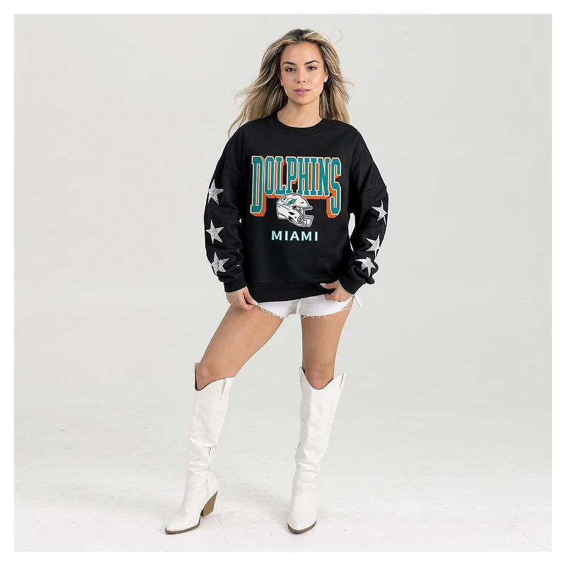 Women's Gameday Couture  Black Miami Dolphins Pure Victory Rhinestud Star-Sleeve Pullover Sweatshirt