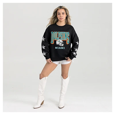 Women's Gameday Couture  Black Miami Dolphins Pure Victory Rhinestud Star-Sleeve Pullover Sweatshirt