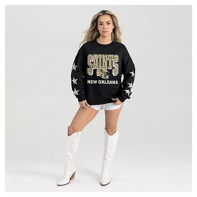 Women's Gameday Couture  Black New Orleans Saints Pure Victory Rhinestud Star-Sleeve Pullover Sweatshirt