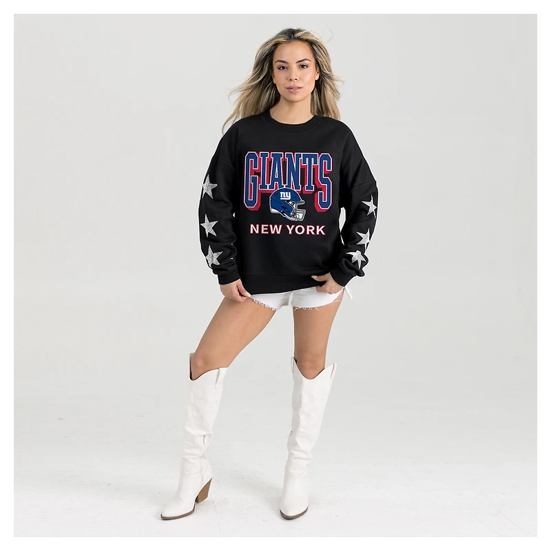 Women's Gameday Couture  Black New York Giants Pure Victory Rhinestud Star-Sleeve Pullover Sweatshirt