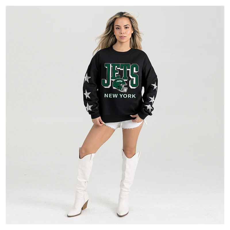Women's Gameday Couture  Black New York Jets Pure Victory Rhinestud Star-Sleeve Pullover Sweatshirt