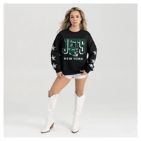 Women's Gameday Couture  Black New York Jets Pure Victory Rhinestud Star-Sleeve Pullover Sweatshirt