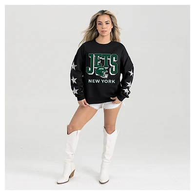 Women's Gameday Couture  Black New York Jets Pure Victory Rhinestud Star-Sleeve Pullover Sweatshirt