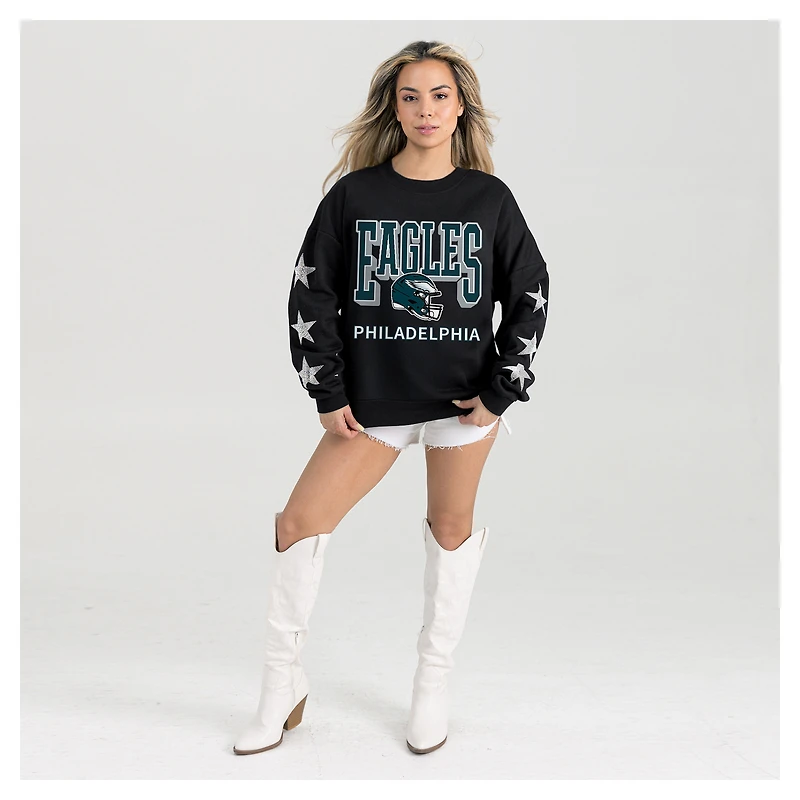 Women's Gameday Couture  Black Philadelphia Eagles Pure Victory Rhinestud Star-Sleeve Pullover Sweatshirt