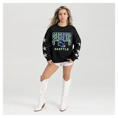 Women's Gameday Couture  Black Seattle Seahawks Pure Victory Rhinestud Star-Sleeve Pullover Sweatshirt
