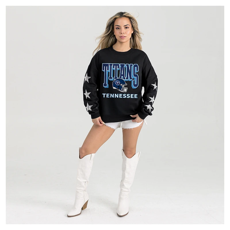 Women's Gameday Couture  Black Tennessee Titans Pure Victory Rhinestud Star-Sleeve Pullover Sweatshirt
