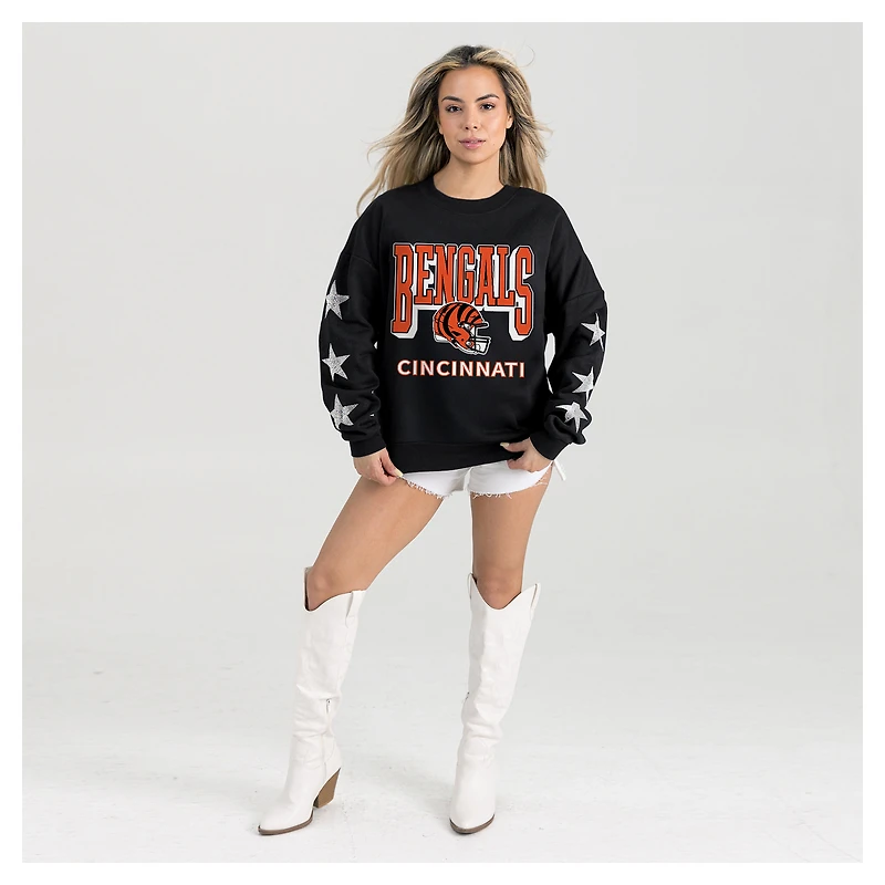 Women's Gameday Couture  Black Cincinnati Bengals Pure Victory Rhinestud Star-Sleeve Pullover Sweatshirt