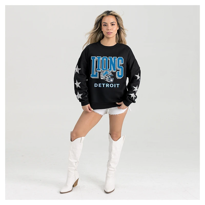 Women's Gameday Couture  Black Detroit Lions Pure Victory Rhinestud Star-Sleeve Pullover Sweatshirt