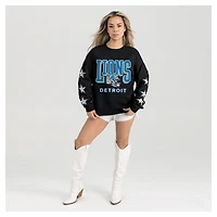 Women's Gameday Couture  Black Detroit Lions Pure Victory Rhinestud Star-Sleeve Pullover Sweatshirt