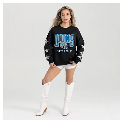 Women's Gameday Couture  Black Detroit Lions Pure Victory Rhinestud Star-Sleeve Pullover Sweatshirt