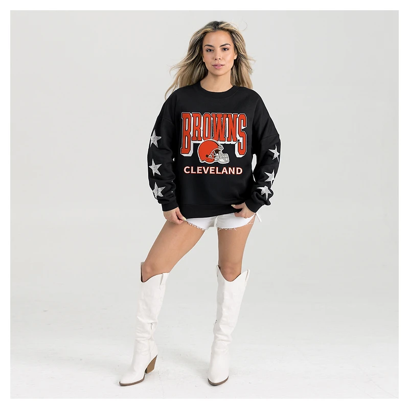 Women's Gameday Couture  Black Cleveland Browns Pure Victory Rhinestud Star-Sleeve Pullover Sweatshirt