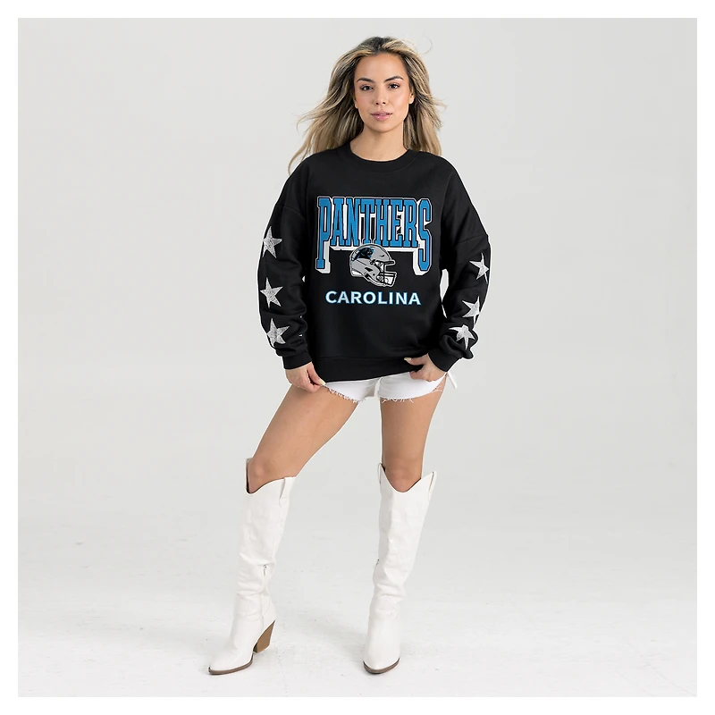Women's Gameday Couture  Black Carolina Panthers Pure Victory Rhinestud Star-Sleeve Pullover Sweatshirt