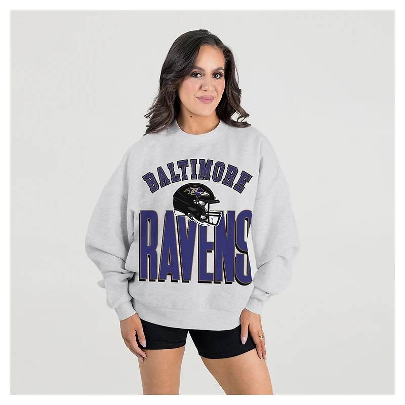 Women's Gameday Couture Ash Baltimore Ravens Fierce Focus Premium Oversized Fleece Pullover Sweatshirt