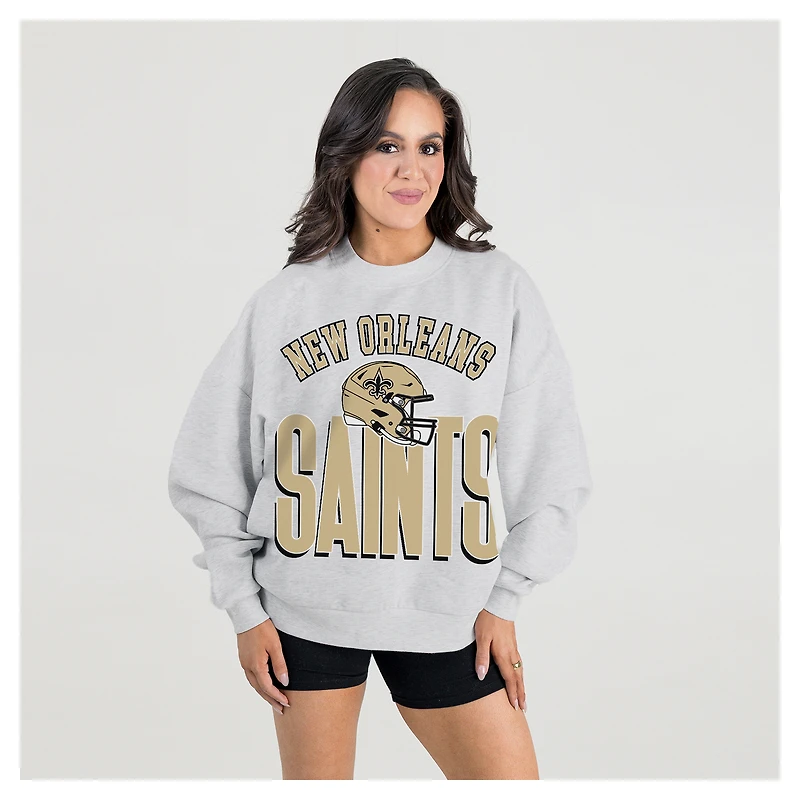 Women's Gameday Couture Ash New Orleans Saints Fierce Focus Premium Oversized Fleece Pullover Sweatshirt