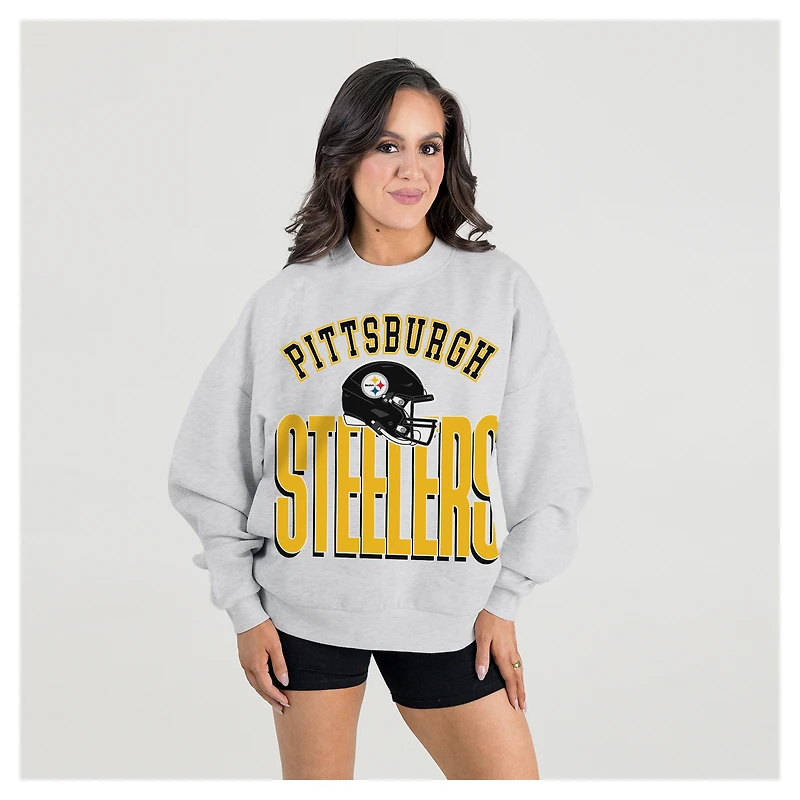 Women's Gameday Couture Ash Pittsburgh Steelers Fierce Focus Premium Oversized Fleece Pullover Sweatshirt