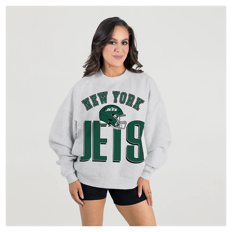 Women's Gameday Couture Ash New York Jets Fierce Focus Premium Oversized Fleece Pullover Sweatshirt