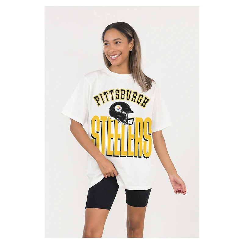 Women's Gameday Couture  White Pittsburgh Steelers Oversized Classic Fierce Focus T-Shirt