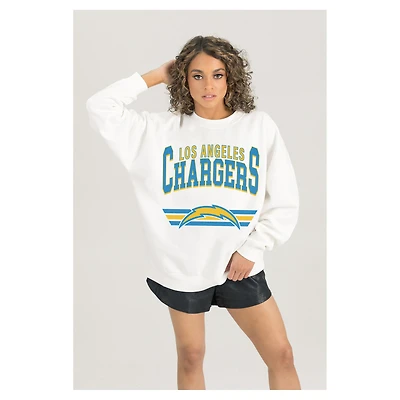 Women's Gameday Couture  White Los Angeles Chargers Swift Strike Premium Oversized Fleece Pullover Sweatshirt