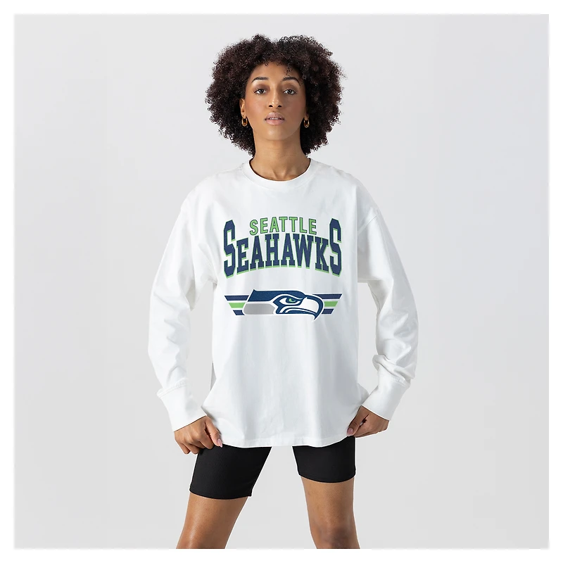 Women's Gameday Couture  White Seattle Seahawks Swift Strike Essential Oversized Long Sleeve T-Shirt